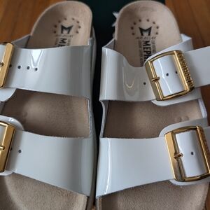 Mephisto White Sandals with Gold Buckles